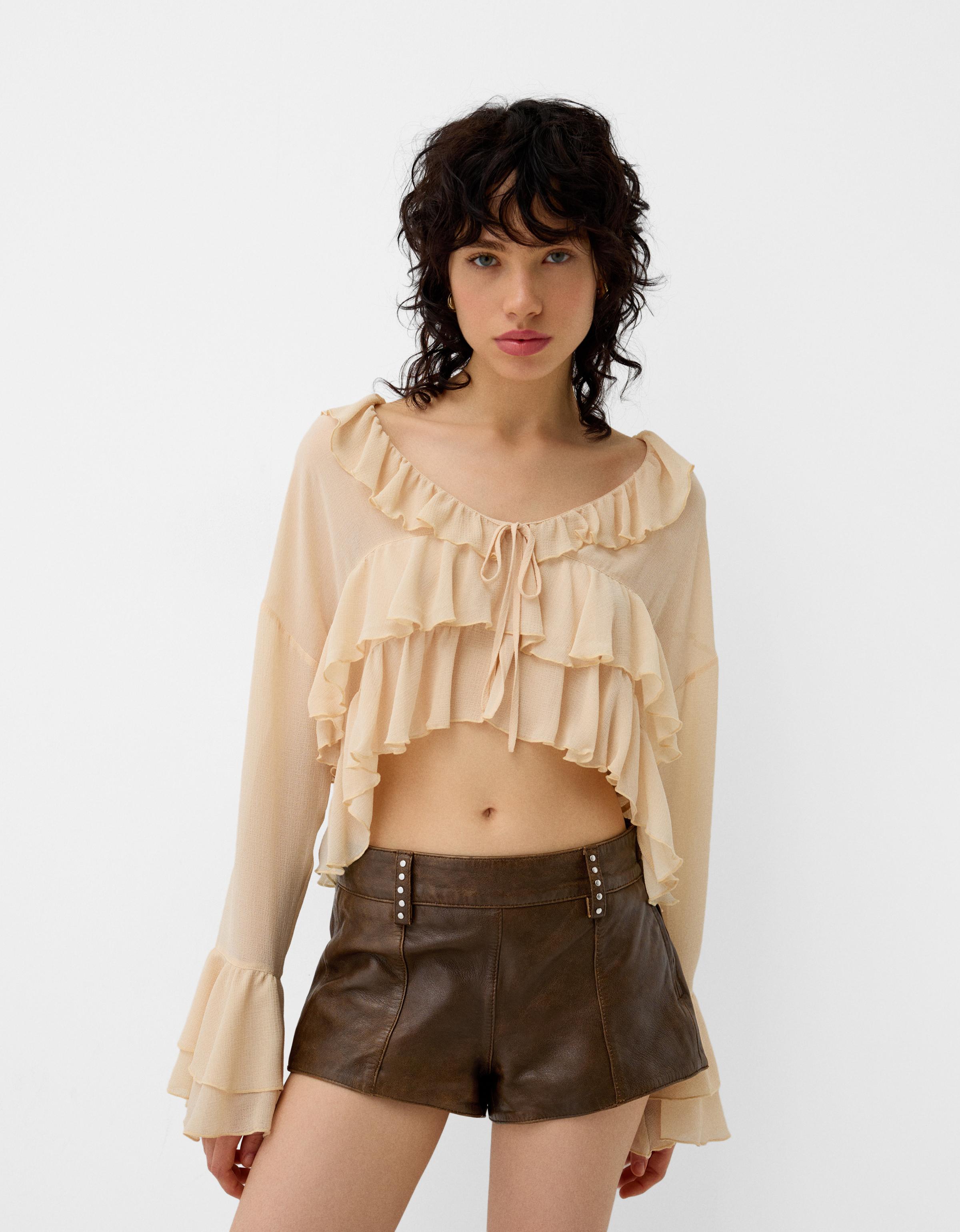 Bershka Shorts Aus Leder Mit Nieten Damen M Braun