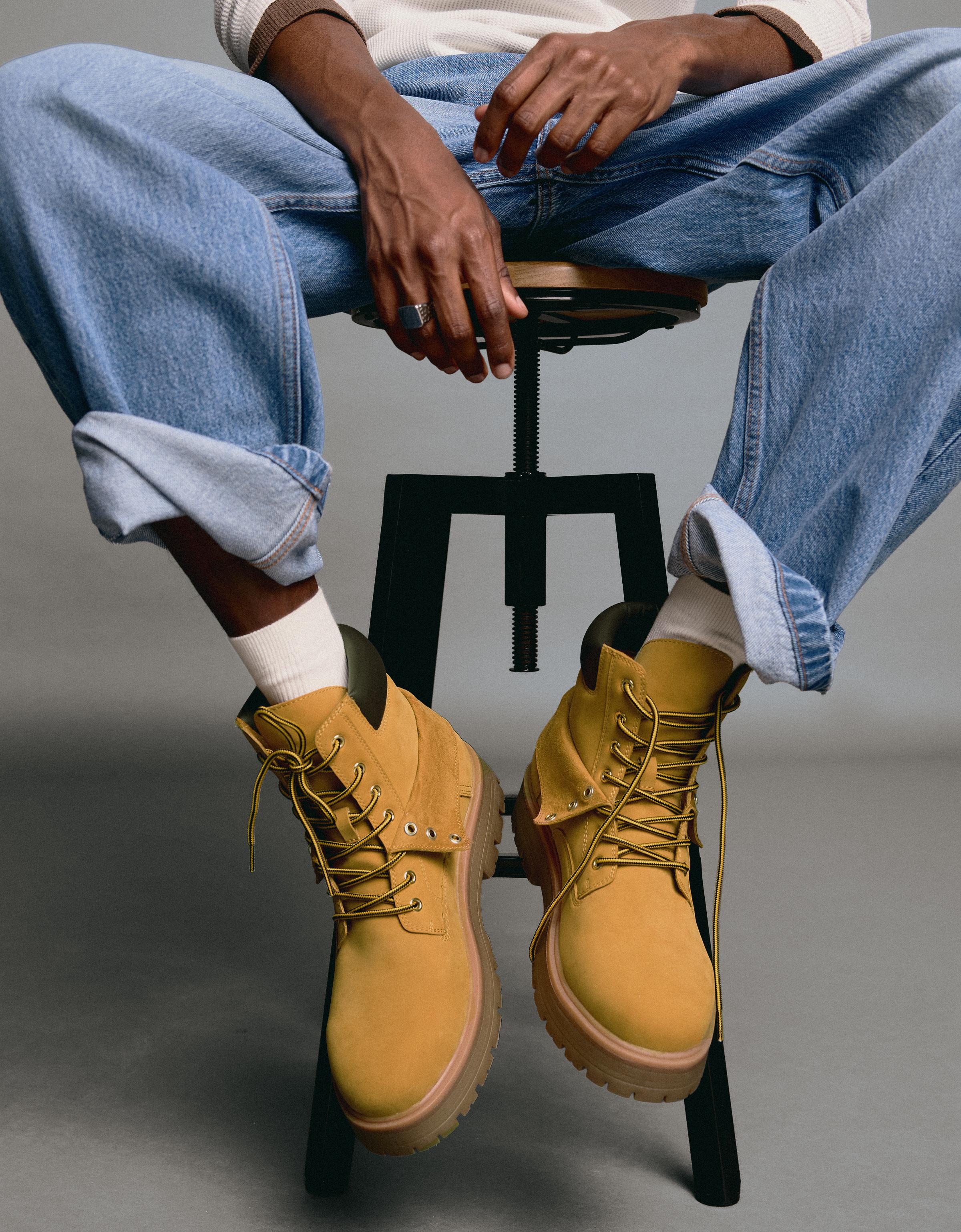 LACE-UP WORKER ANKLE BOOTS — SAND