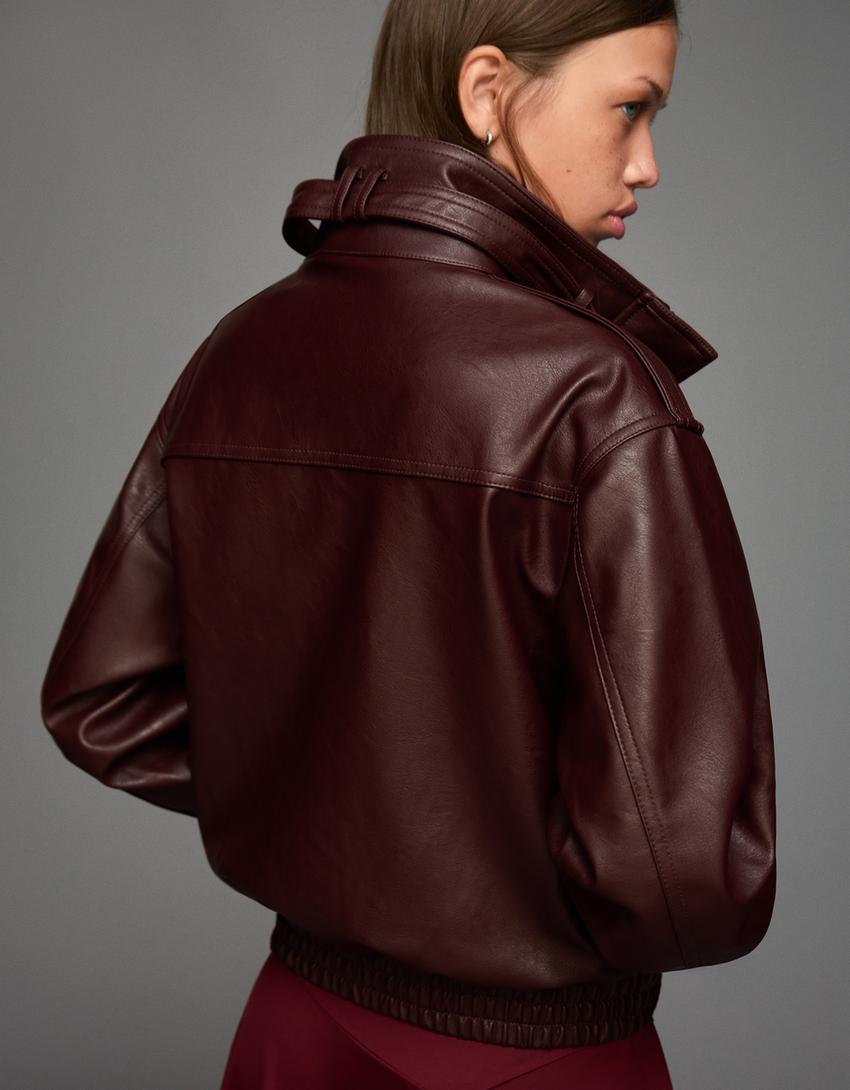 Faux leather jacket with pockets-Burgundy-1
