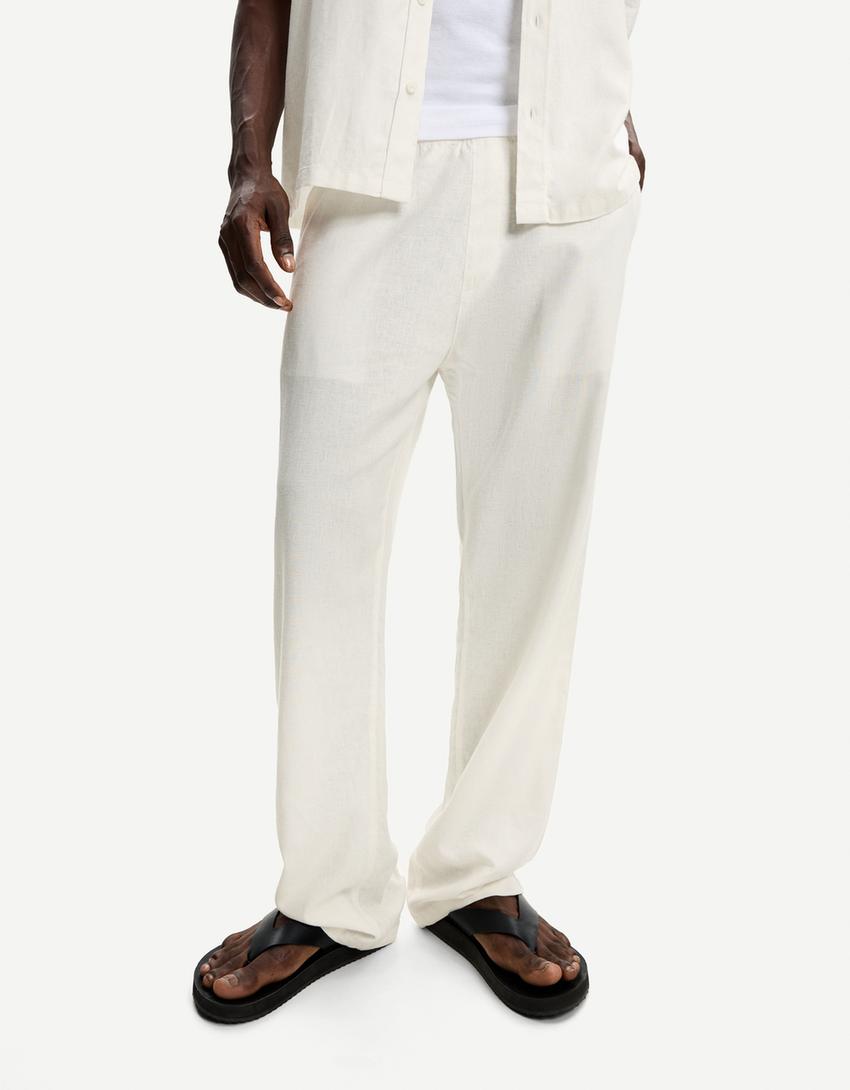 Pantalón wide leg jogger con lino-Blanco-2