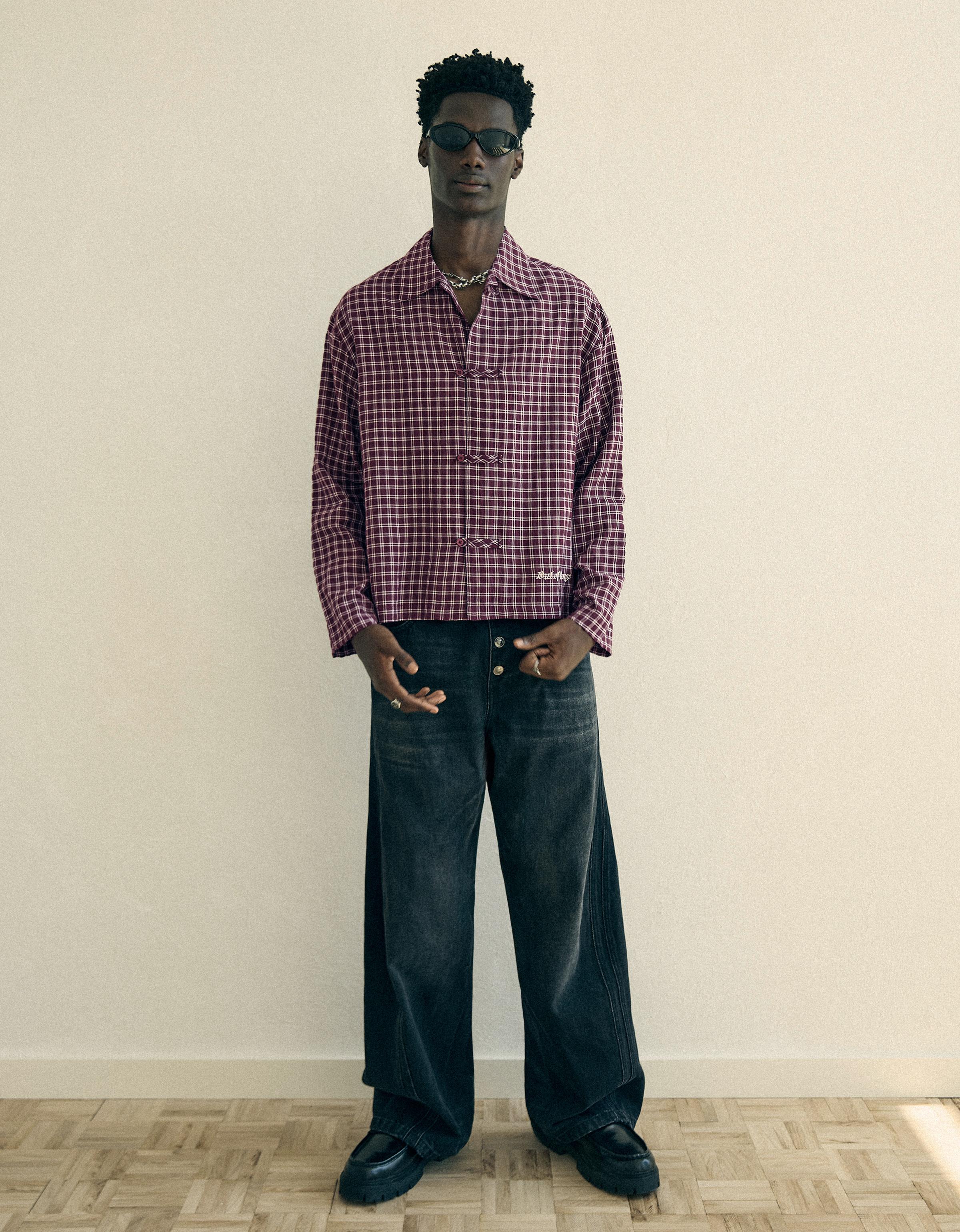 Check long sleeve shirt with clasps — Maroon