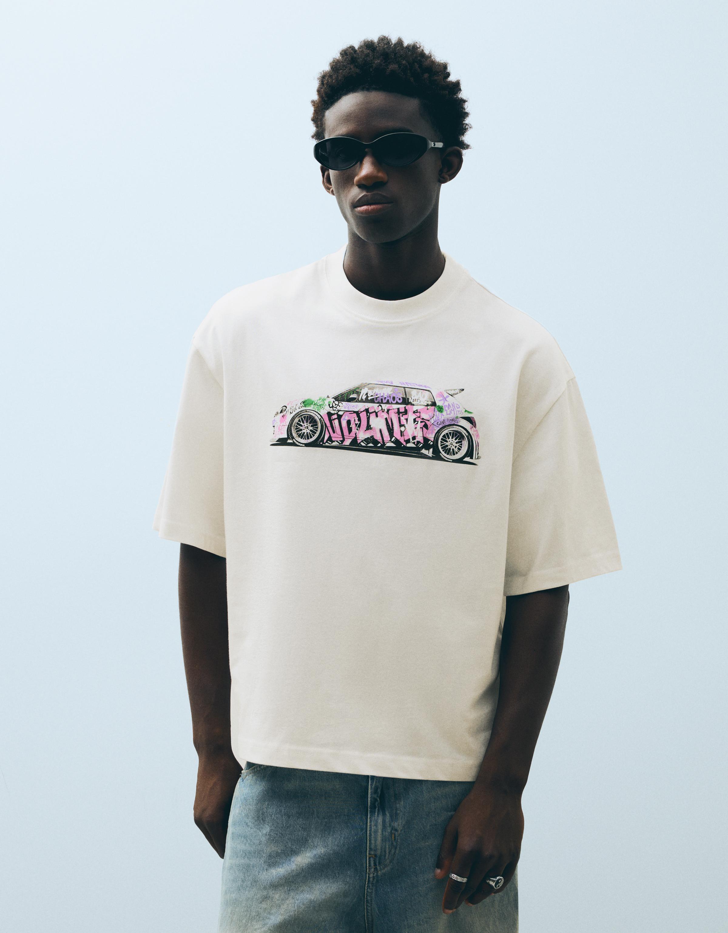 Bershka Camiseta Boxy Print Hombre Blanco