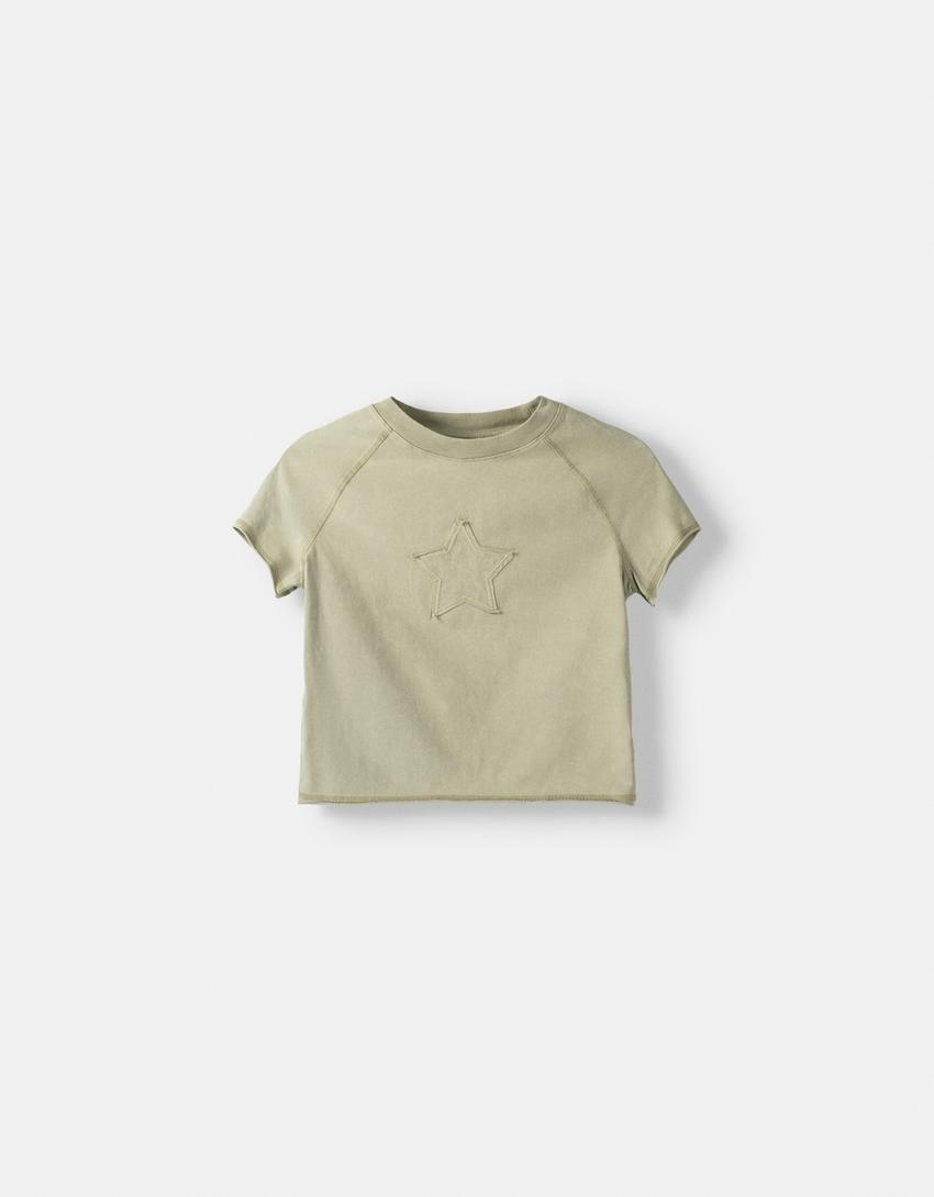 Short sleeve T-shirt with patch-Khaki-4