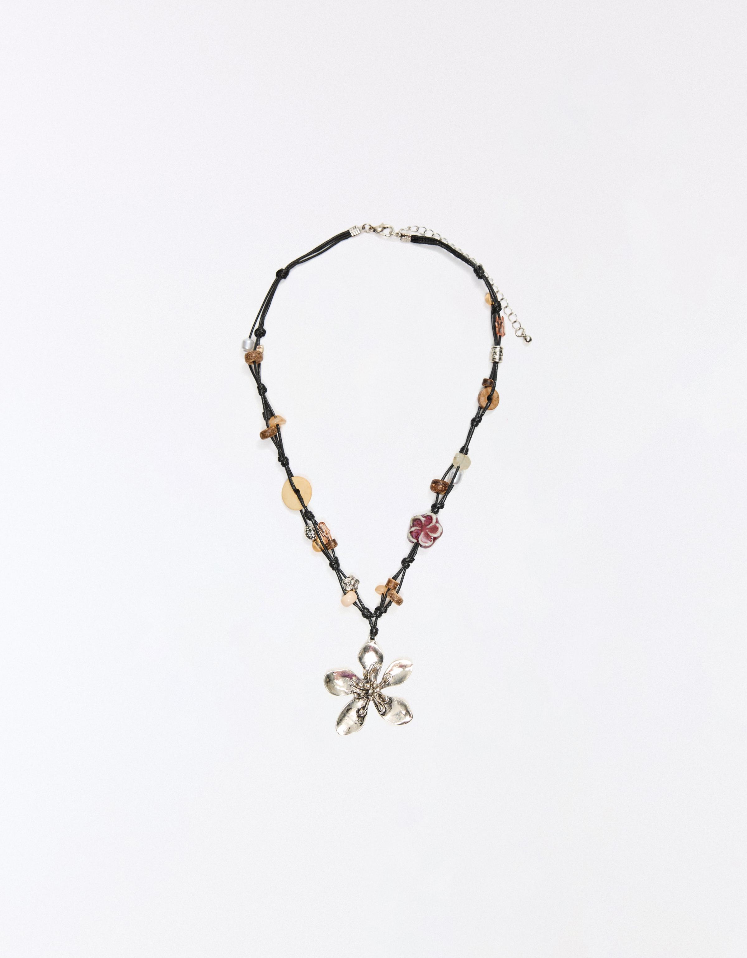 Floral cord and stone necklace — Brown