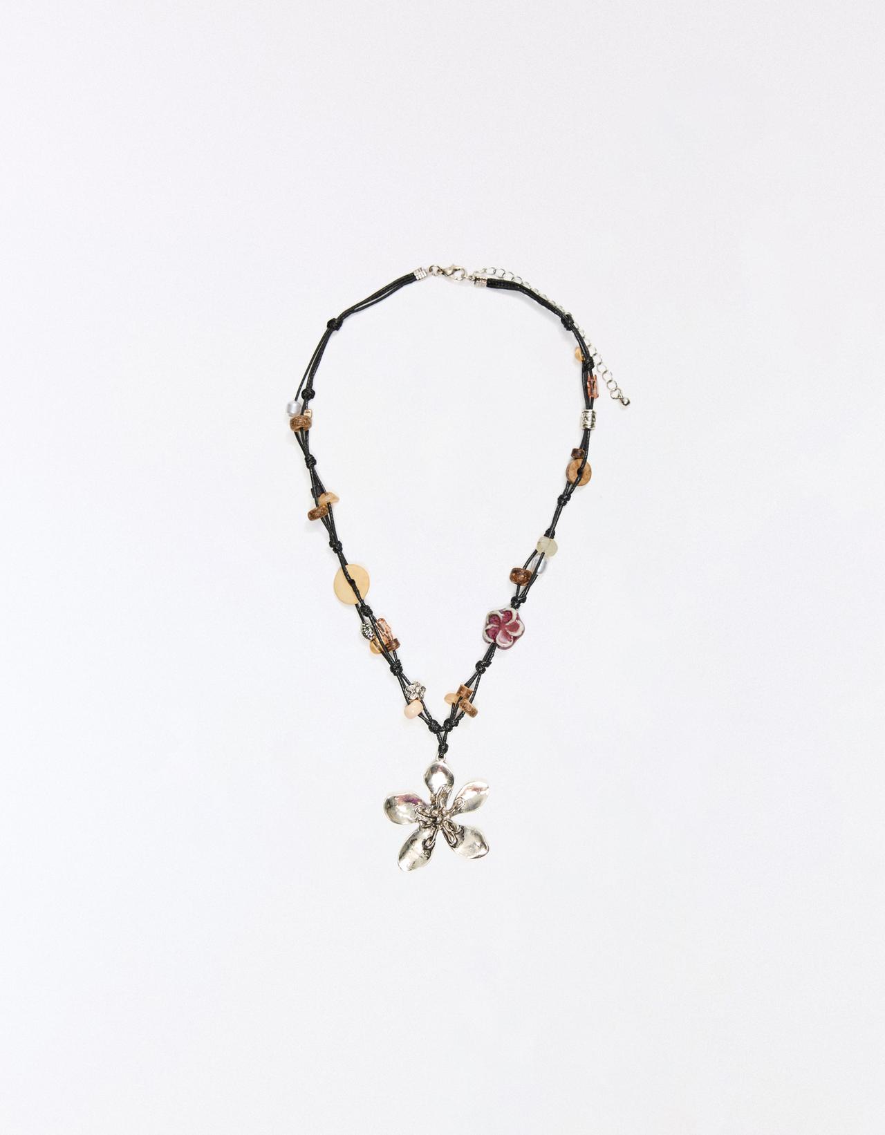 Floral cord and stone necklace — Brown
