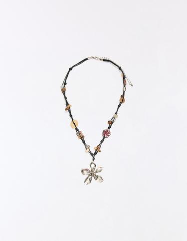 Floral cord and stone necklace — Brown 2