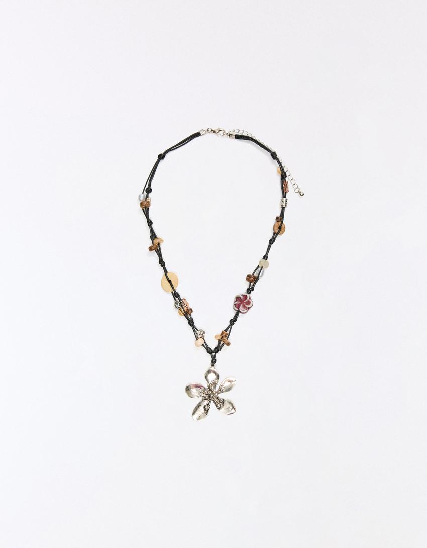 Flower cord and stone necklace-Brown