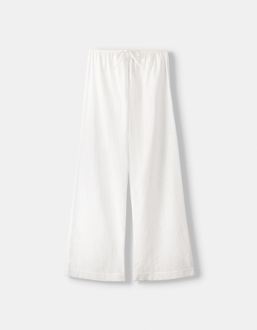 Trousers with Swiss embroidery and elasticated waist-Cream-4