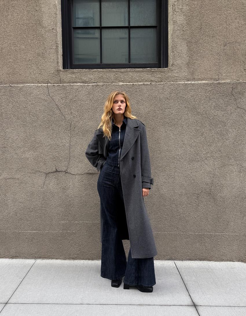 Oversize felt texture trench coat-Grey