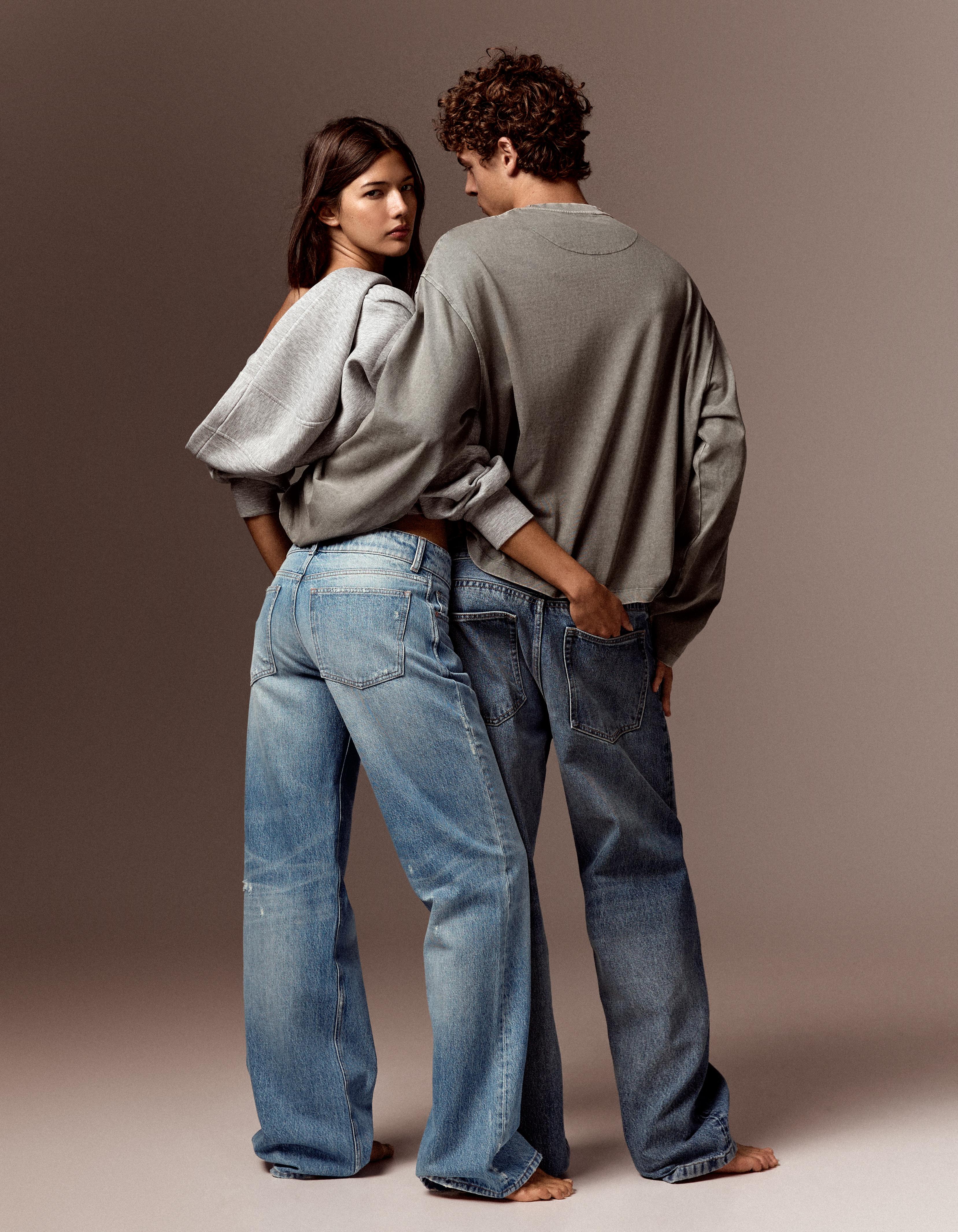 Mid-waist straight-leg turn-up jeans — Light blue