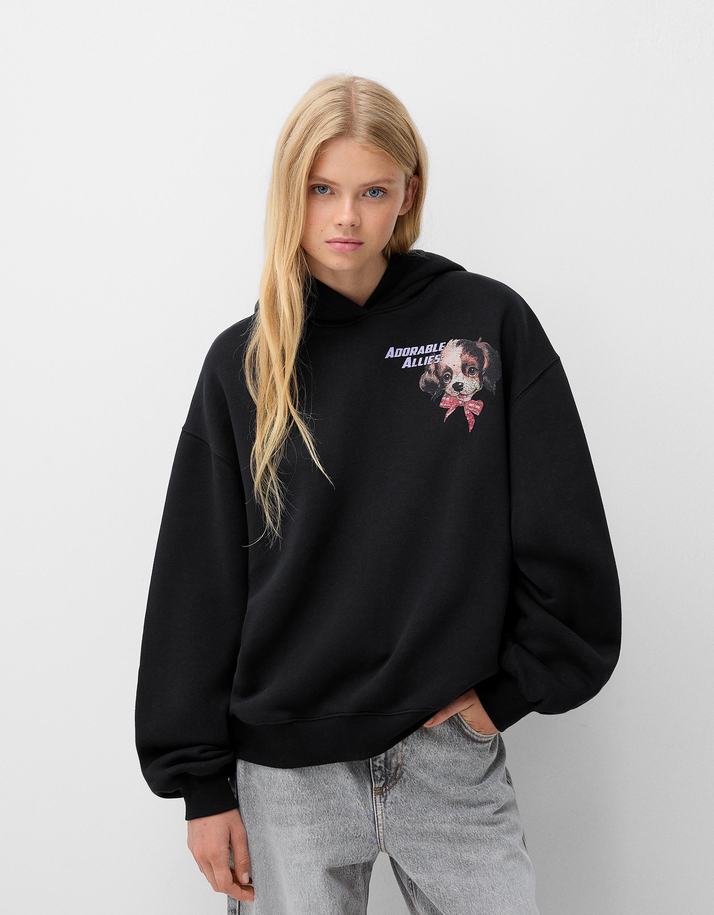 Bershka Hoodie Mit Print Damen L Schwarz