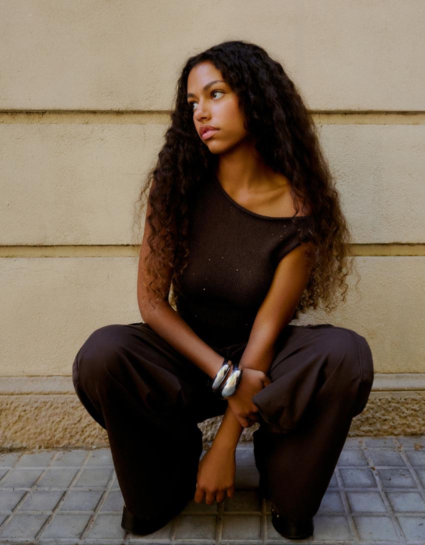 Top col bateau en maille à paillettes-Marron