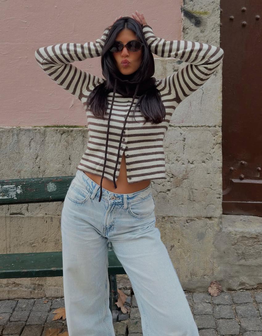 Striped knit cardigan-Brown