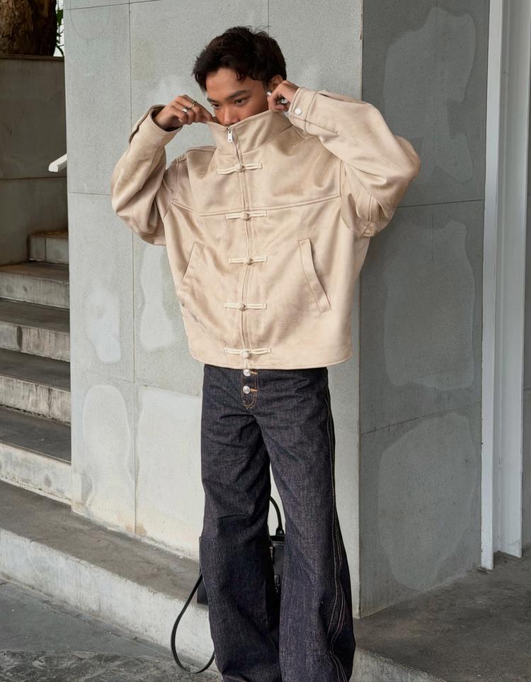 Faux suede jacket with clasps — Beige