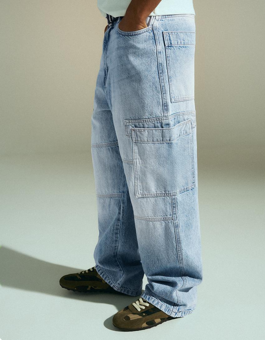 Jeans baggy cargo-Azul claro
