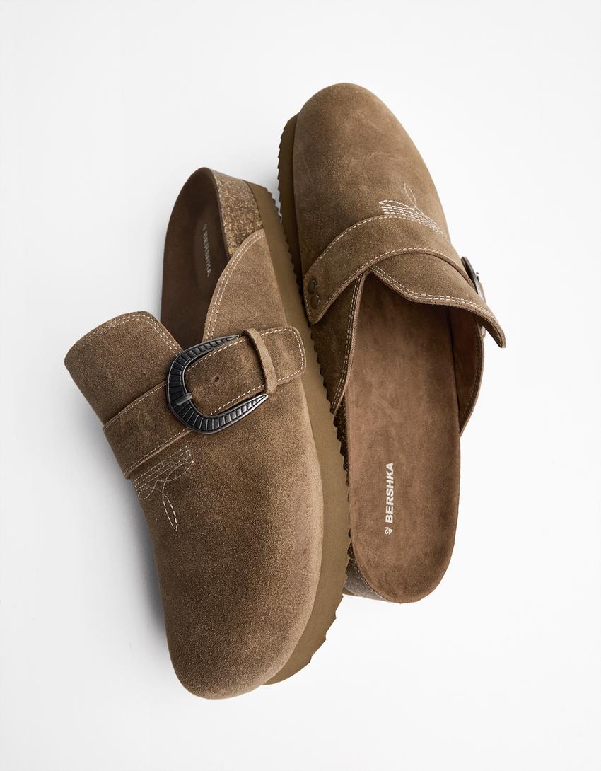Mules brodées CUIR boucle-Sable