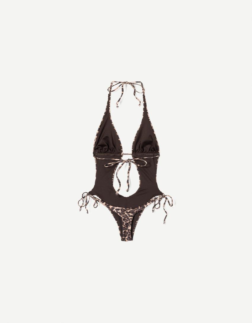 Bañador halter animal print-Marrón