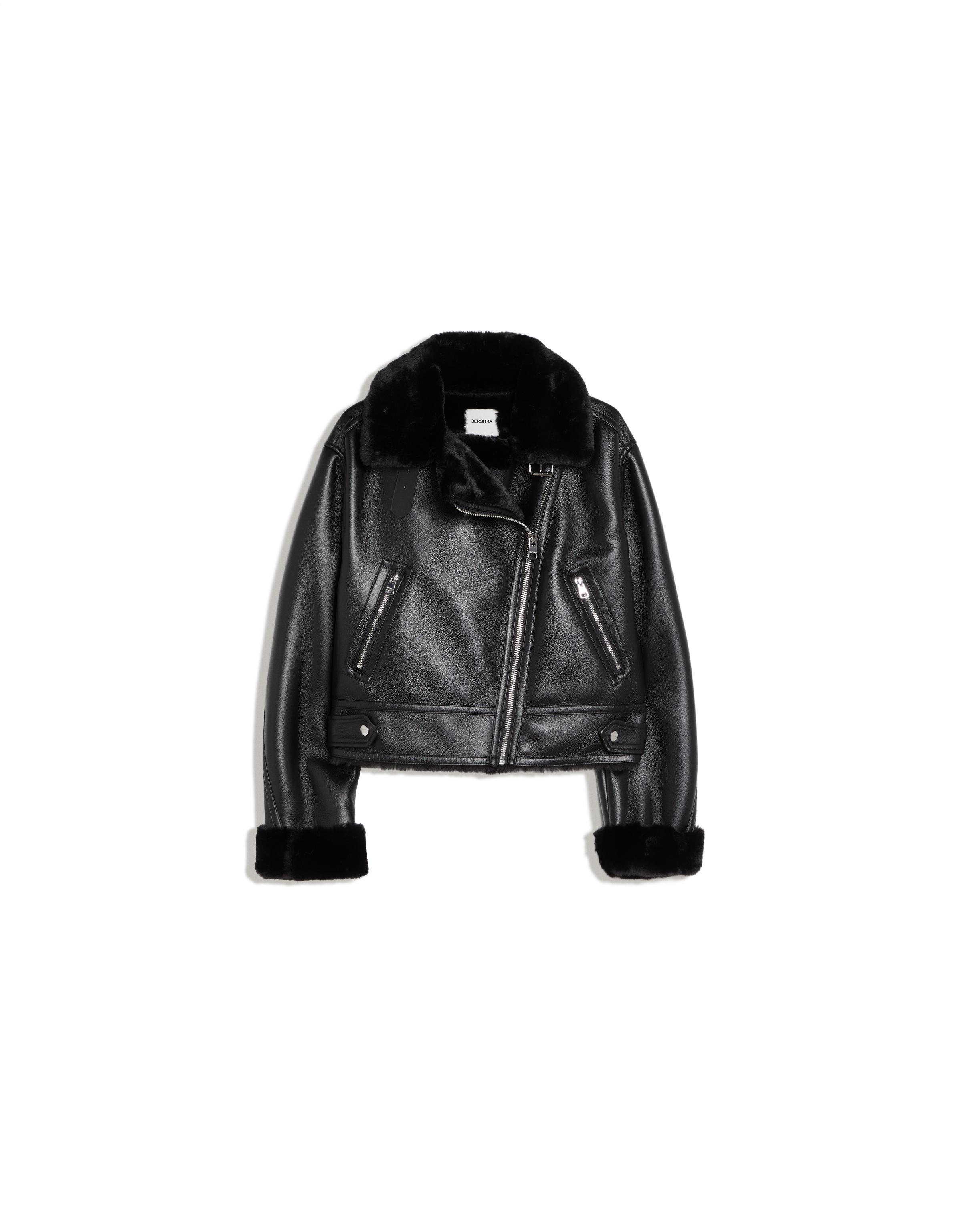 Cropped double-faced biker jacket — Black