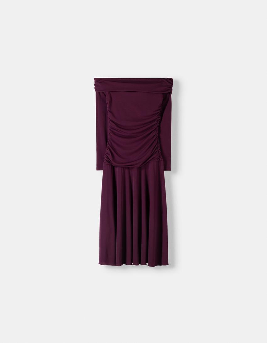 Gathered long sleeve midi dress-Maroon-5