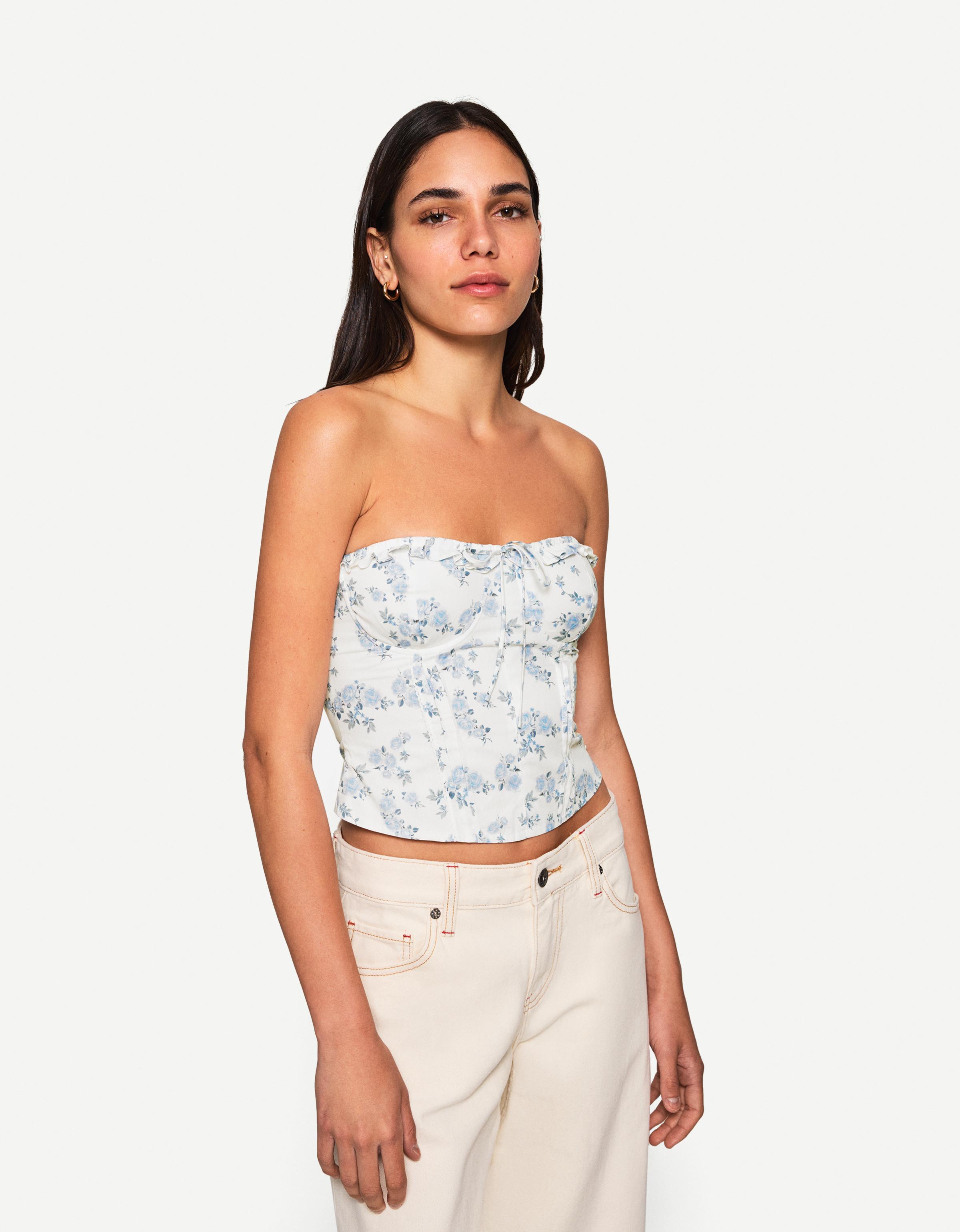 Bershka Bandeau-Top Aus Popelin Damen Xs Blau
