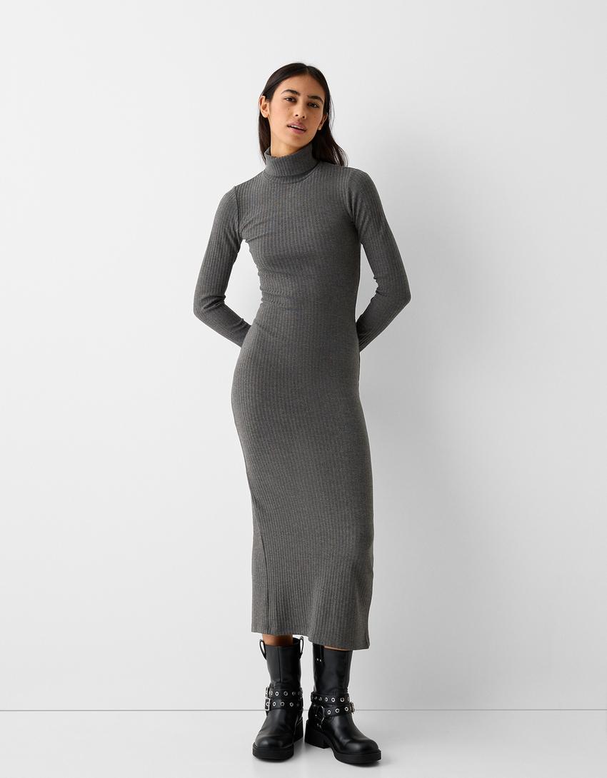 Ribbed knit high neck dress with long sleeves-Dark grey