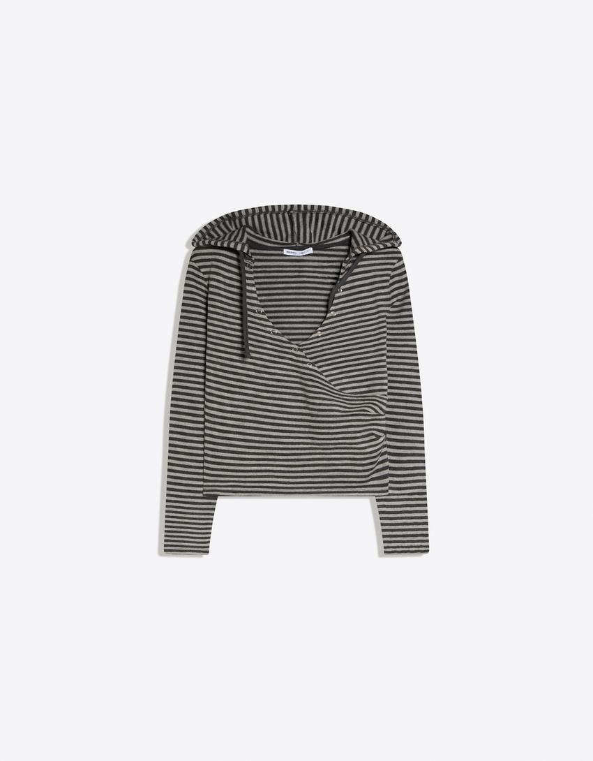 Maglia con cappuccio incrociato stampa-Grigio