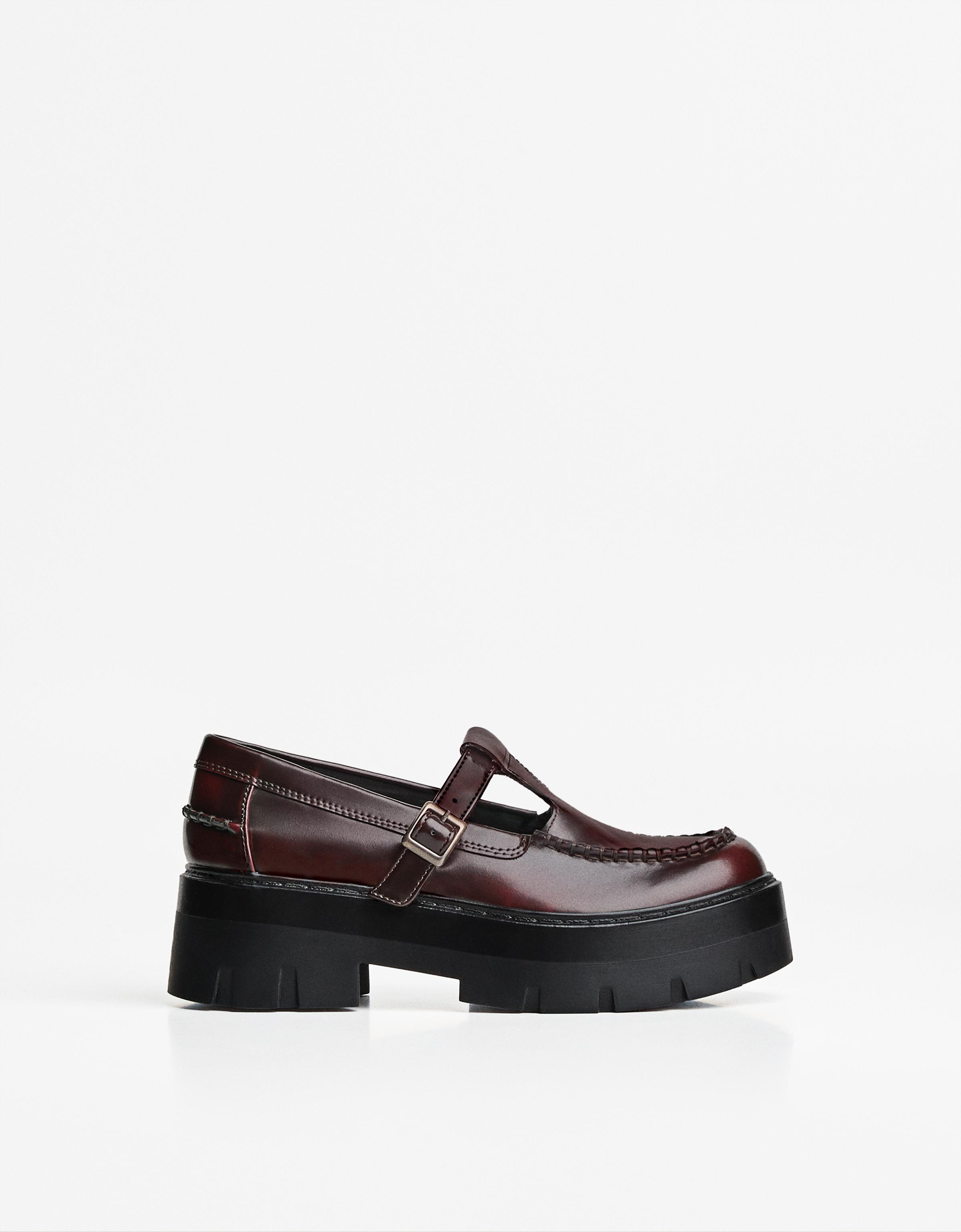 Bershka Mokassin Mit Riemen Und Chunky-Sohle Damen 37 Granatrot