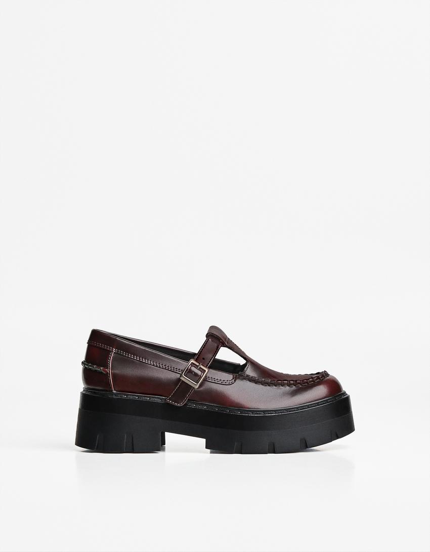 Chunky sole loafers with strap-Maroon