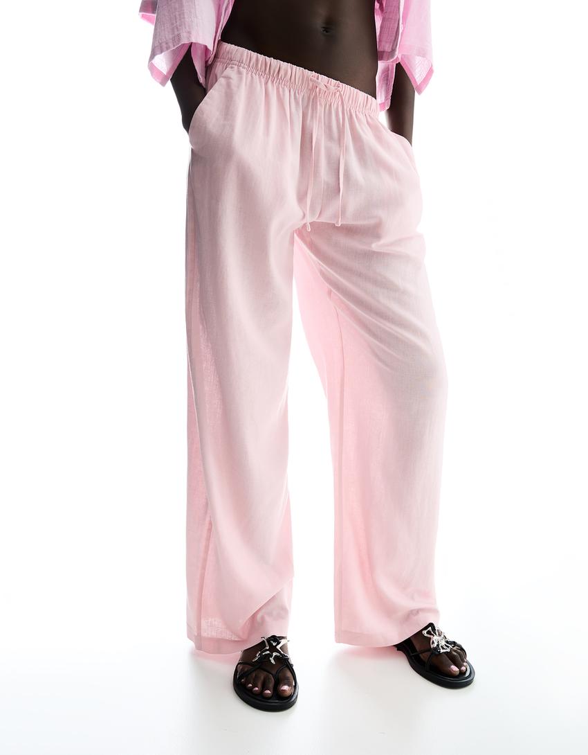 Pantaloni misto lino con elastico in vita-Rosa-1