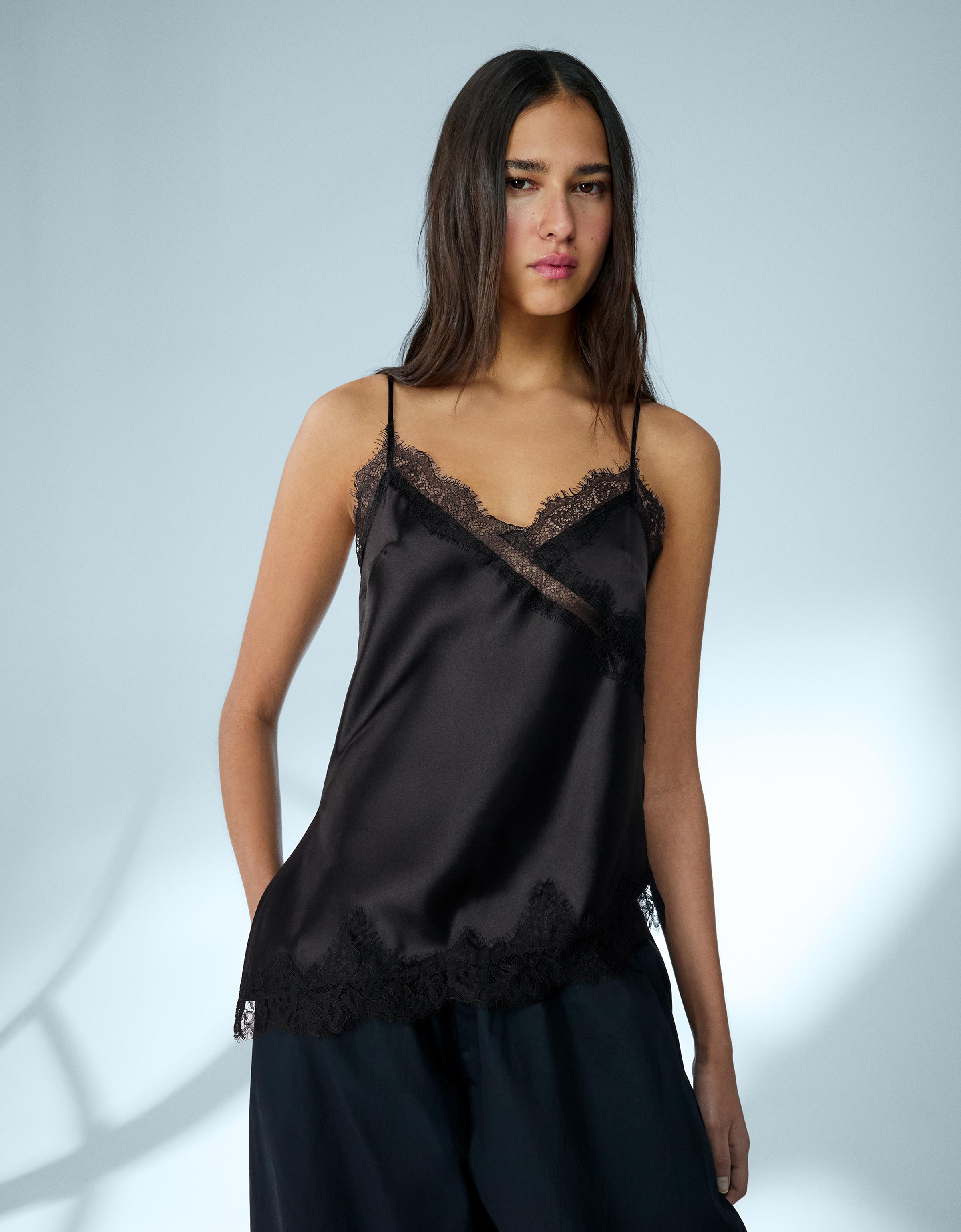 Bershka Asymmetrisches Satin-Trägertop Mit Spitze Damen L Schwarz