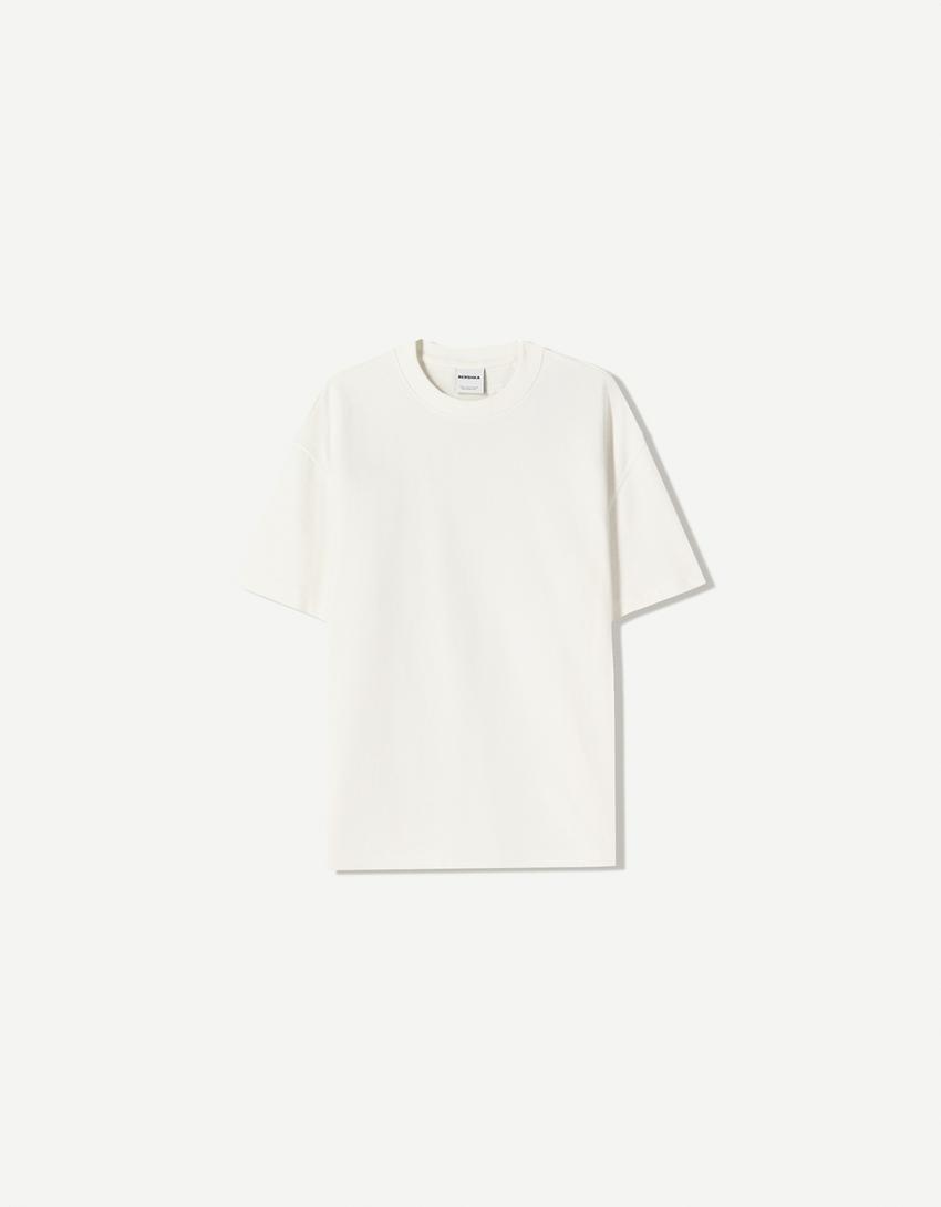 Tricou cu mânecă scurtă flaușat-Alb