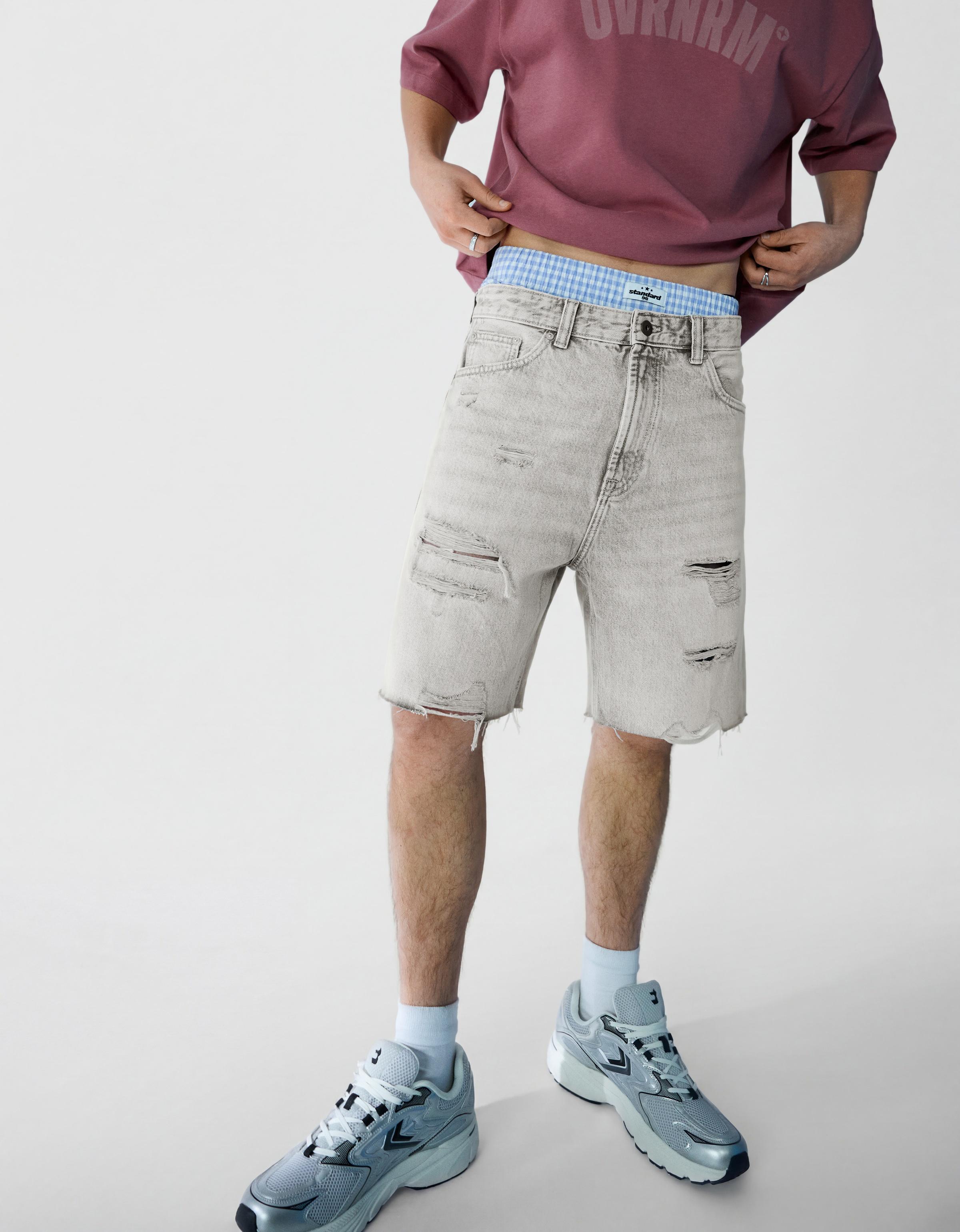 Ripped denim Bermuda shorts — Grey