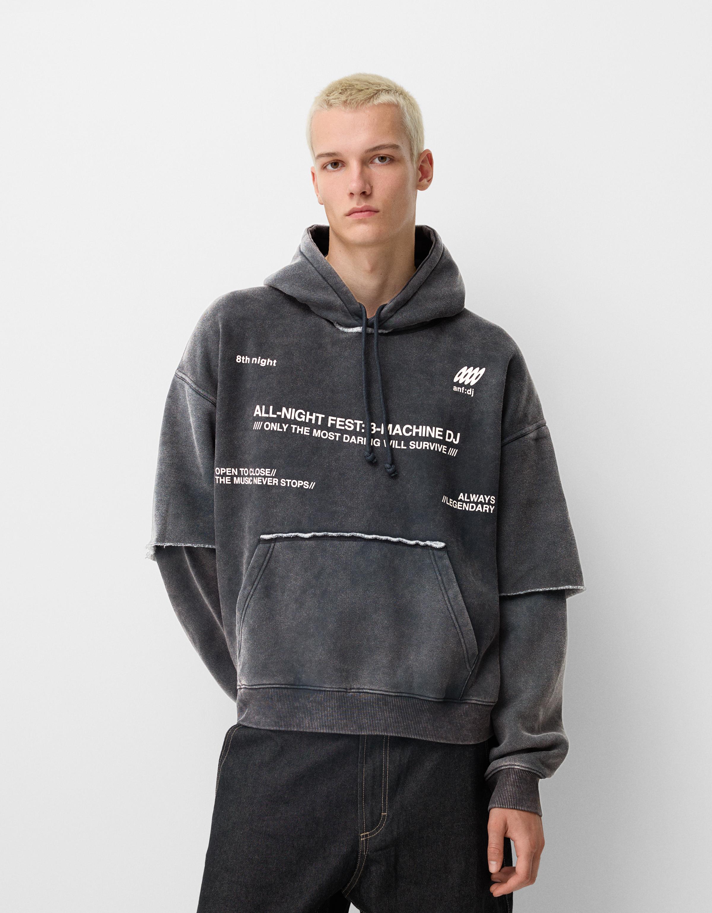 Bershka Sweatshirt Im Washed-Look Mit Doppelten Ärmeln Herren Xl Grau