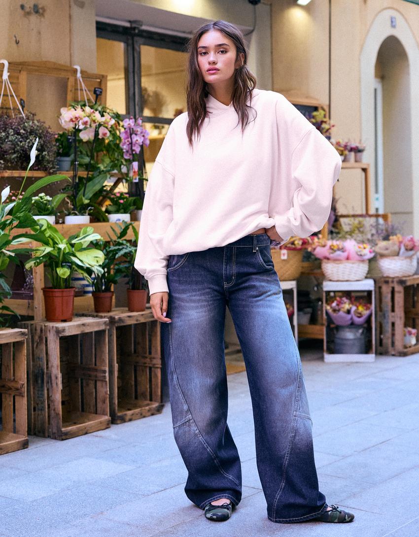 Oversize baskılı kapüşonlu sweatshirt-Pembe