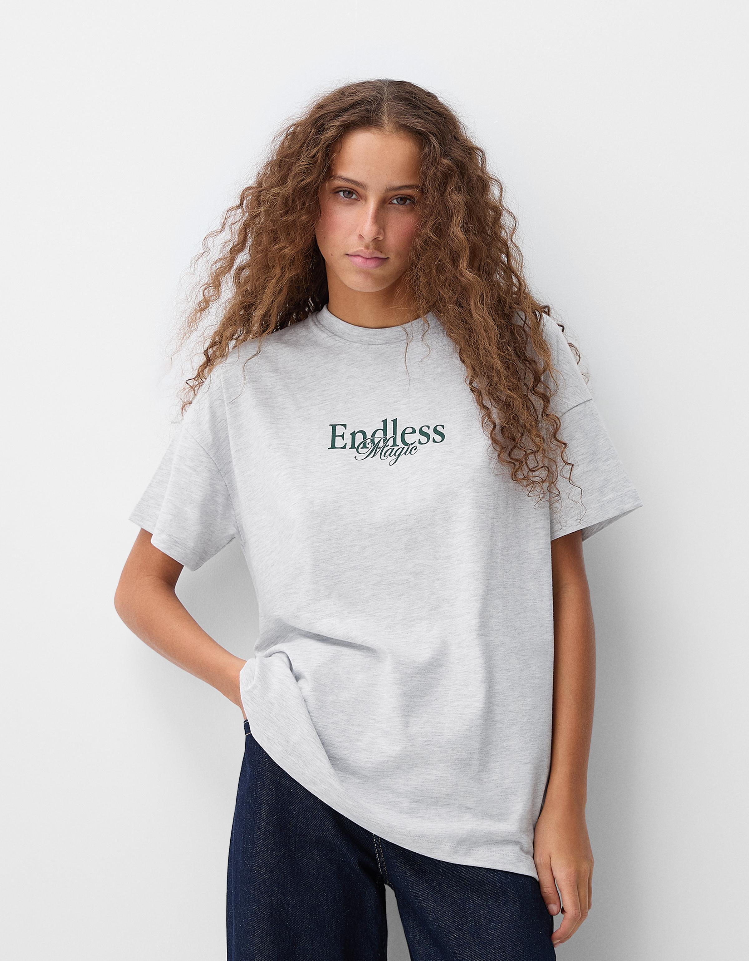 Bershka Oversize-T-Shirt Mit Print Damen S Grau