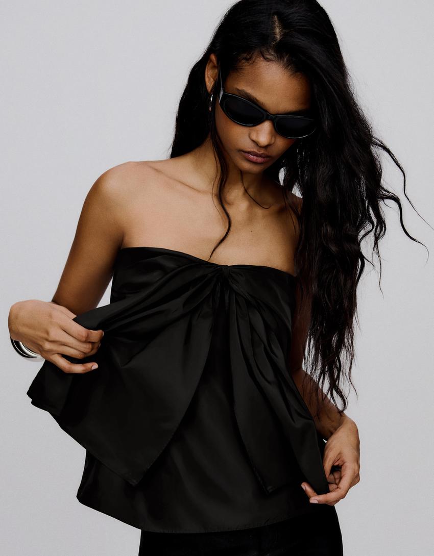 Bandeau top with tie detail-Black