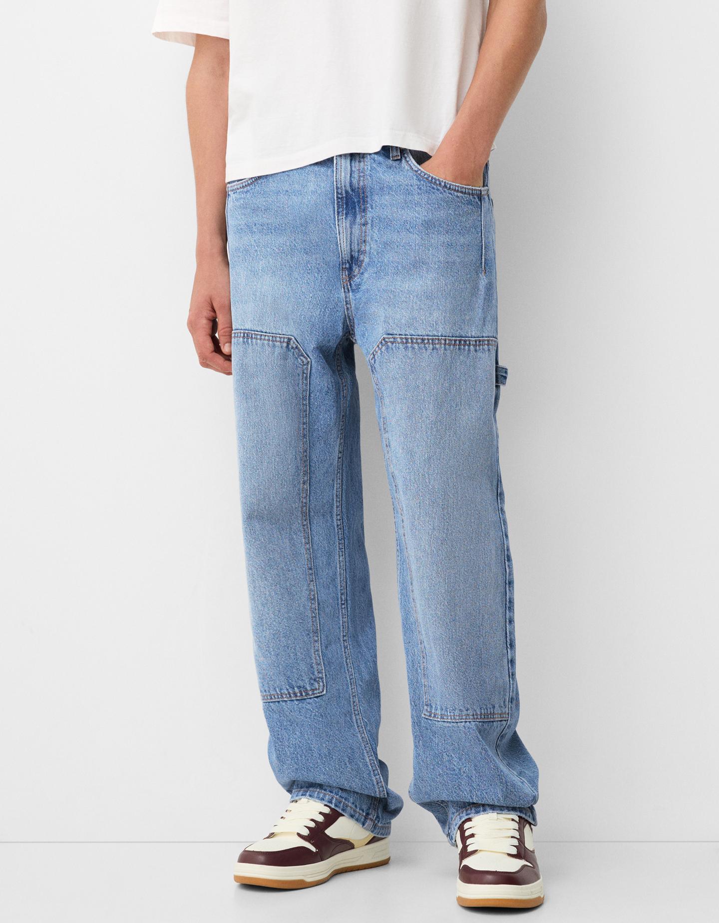 Bershka Jeans Carpenter Cuciture Uomo 50 (Eu 44) Azzurro Lavato