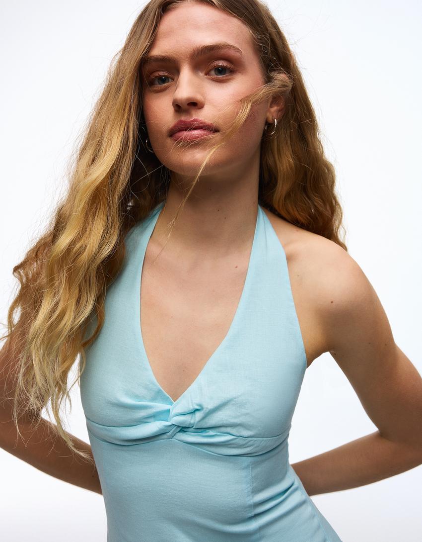 Halter midi dress with linen-Turquoise