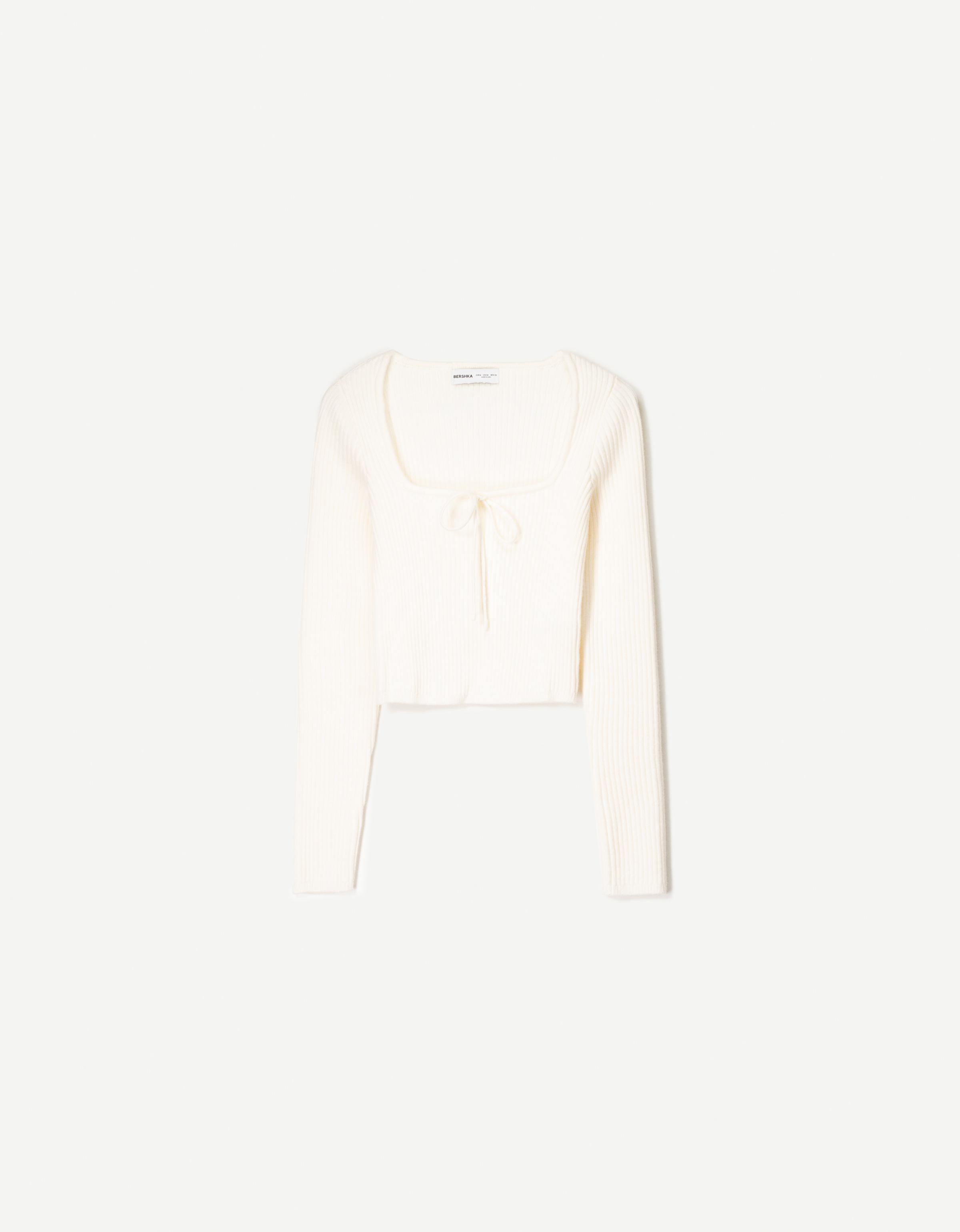 Bershka Pullover Mit Kastenausschnitt Und Schleife Damen L Weiss