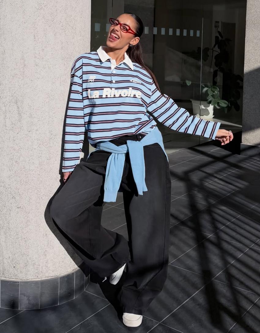 Printed polo collar long sleeve T-shirt-Light blue