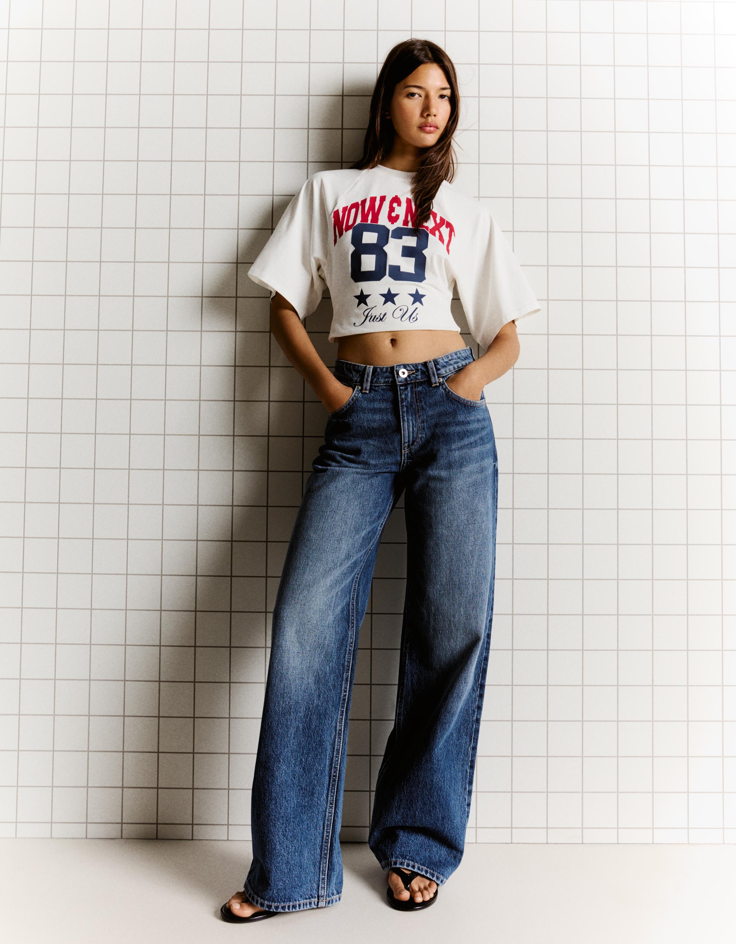 Bershka Jeans Wide Straight Tiro Alto Mujer Azul