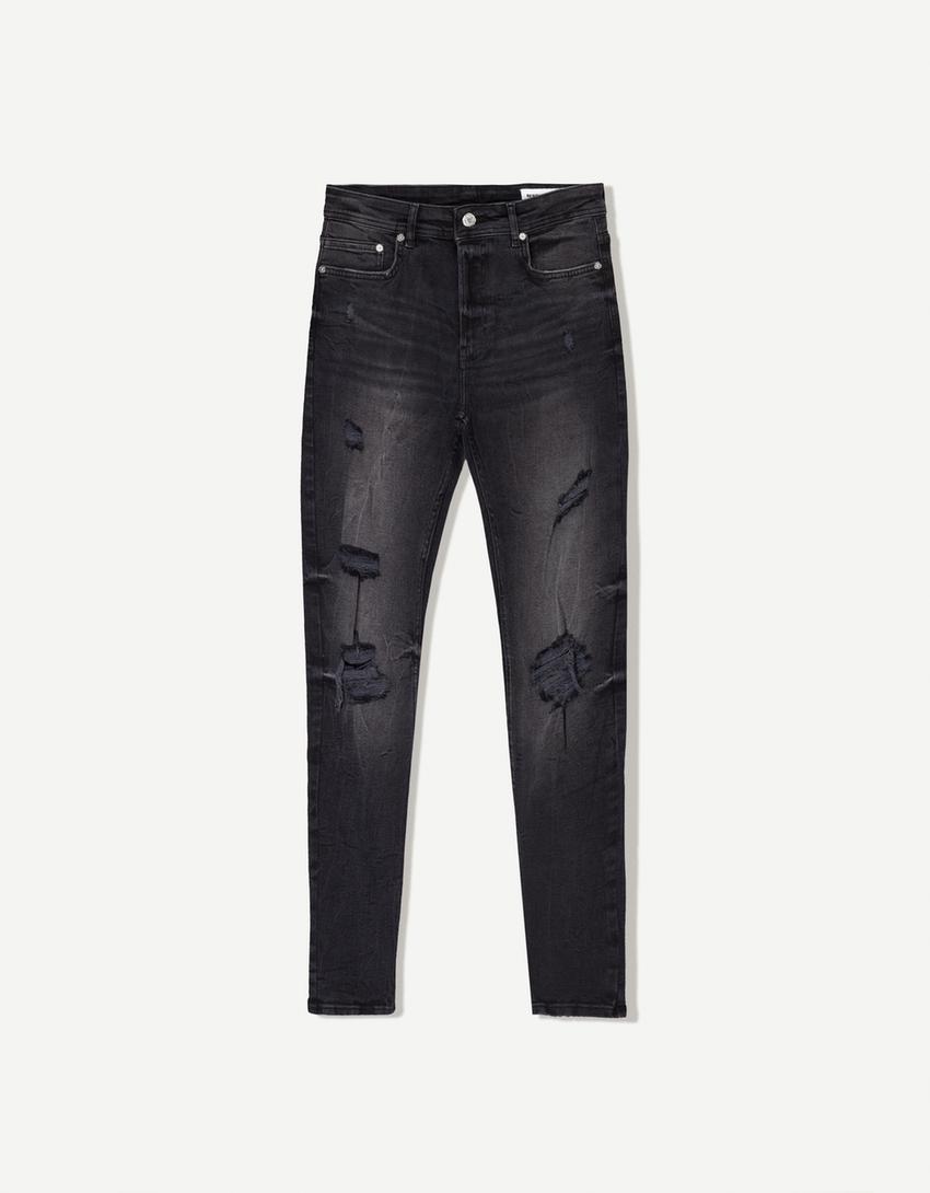 Blugi super skinny fit rupți-Negru