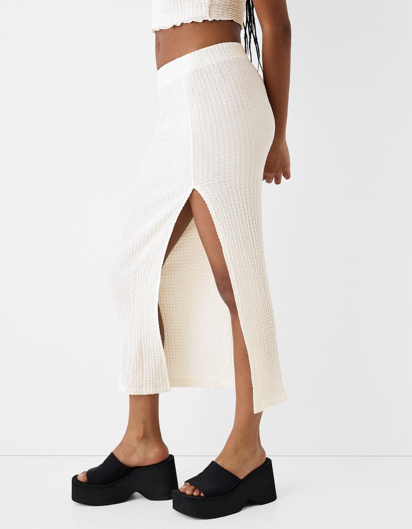 Пола от структуриран текстил с дължина под коляното-Екрю-3