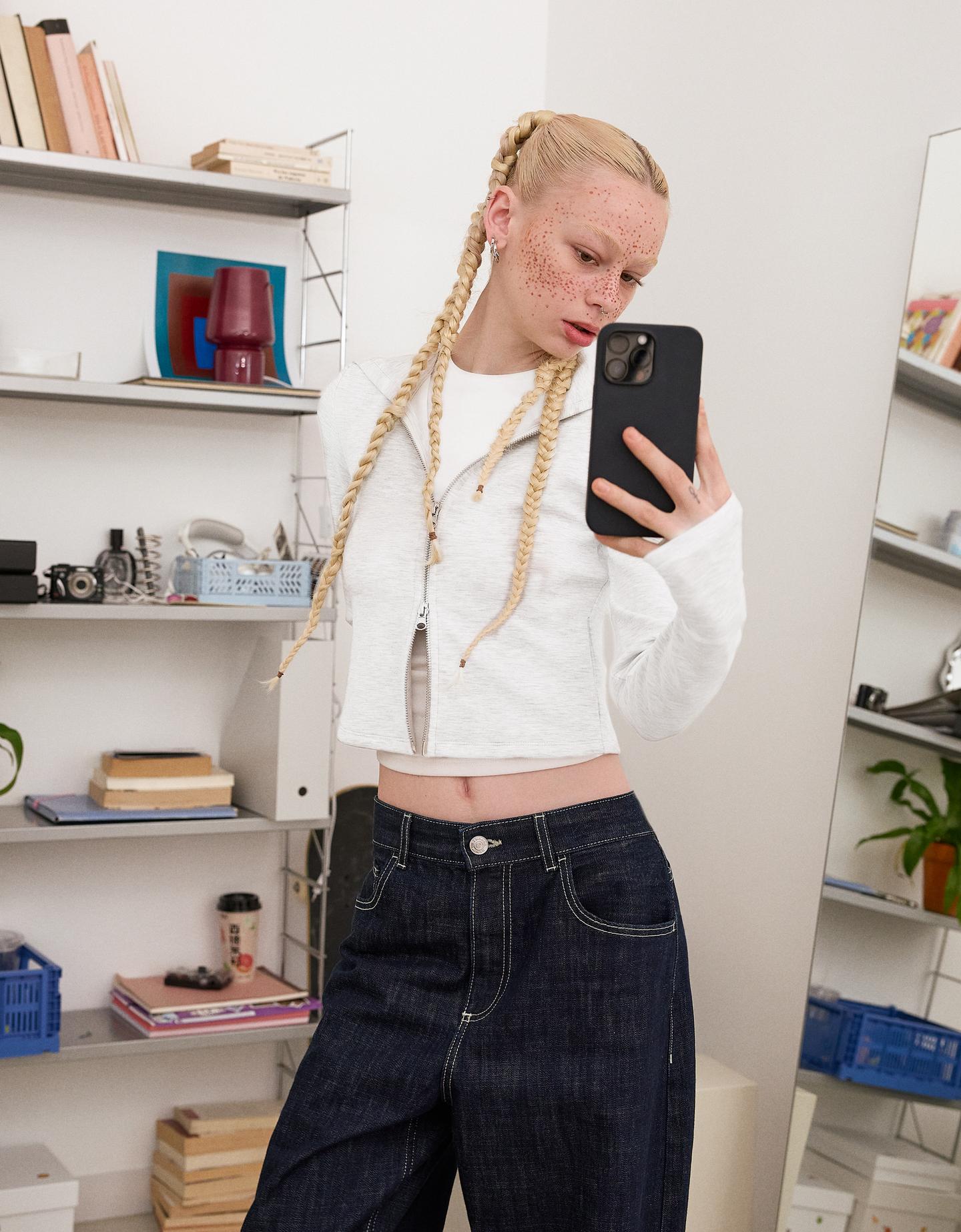 Bershka bluza soft modalowa z suwakiem i kapturem szary