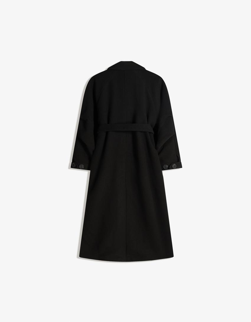 Oversize wool blend coat with belt-Black
