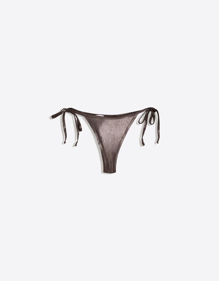 Bas de bikini string effet lamé-Marron