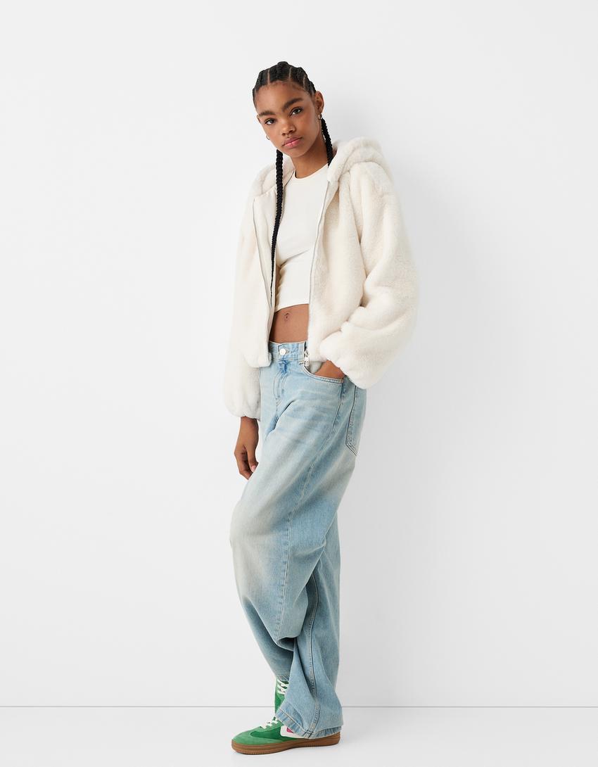 Jacket with faux fur hood-Off white
