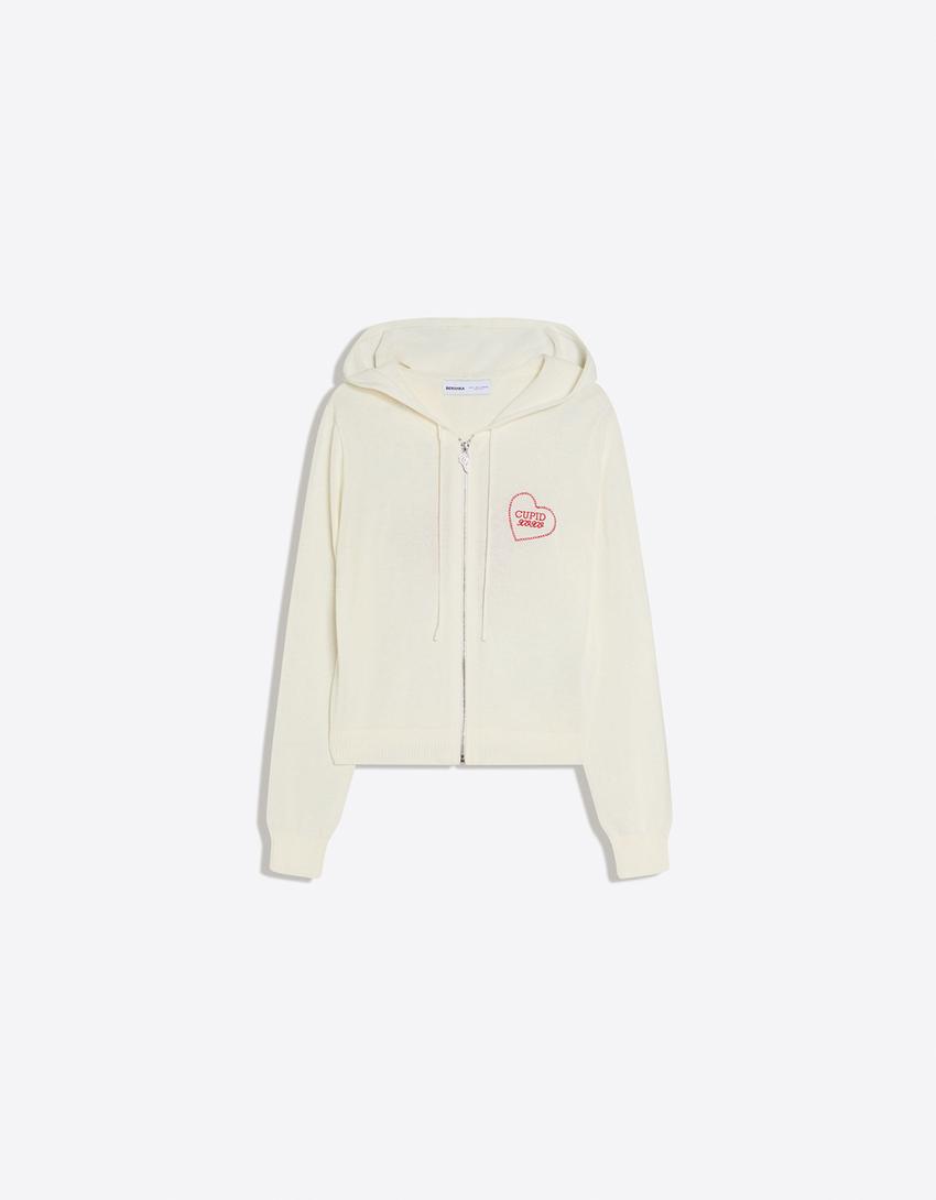 Zip-up print hoodie-Cream