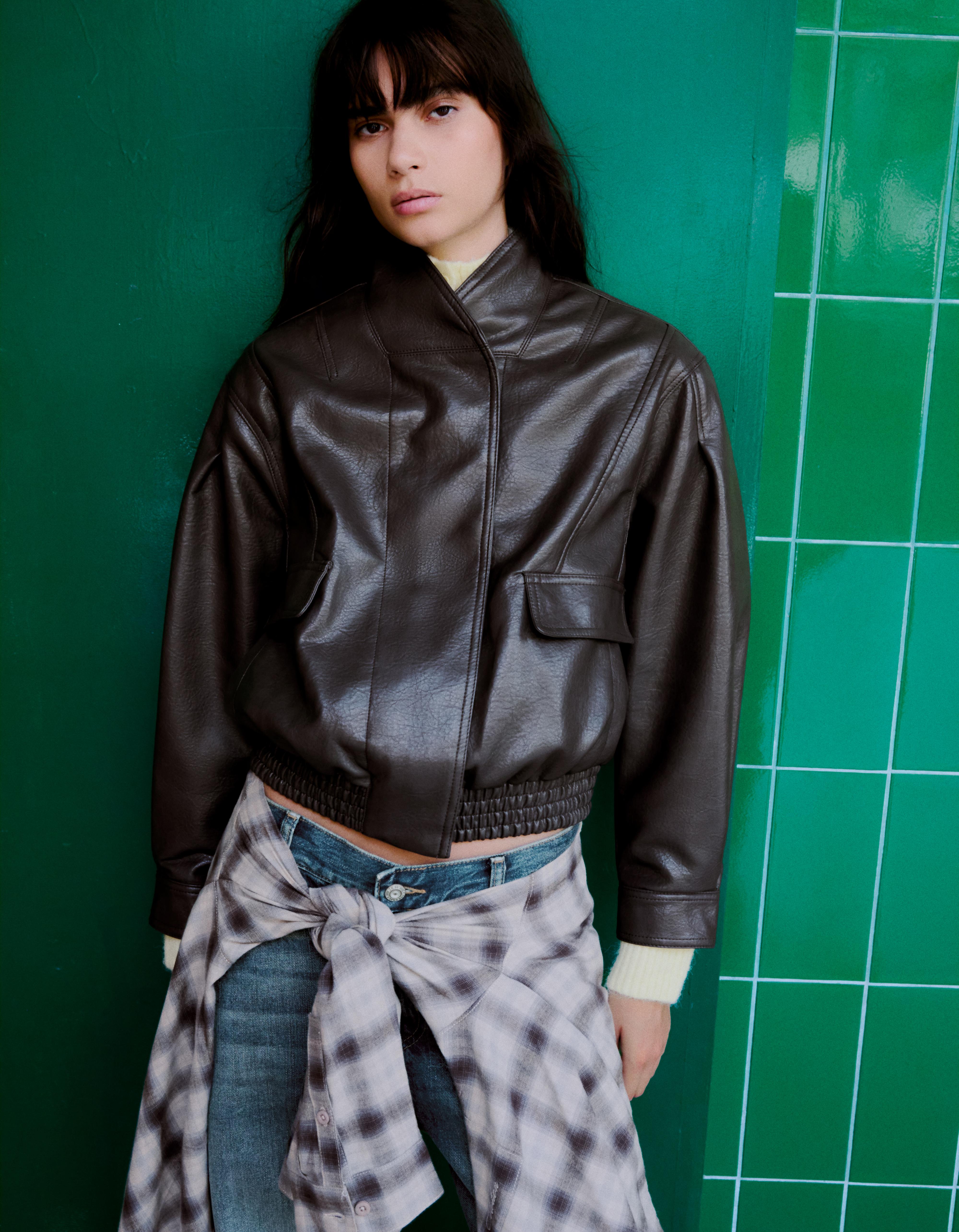 Oversize leather effect jacket with crossover collar — Grey