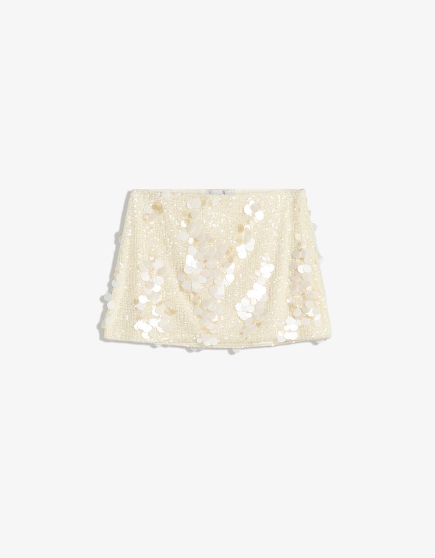 Sequinned mini skirt-Off white-3